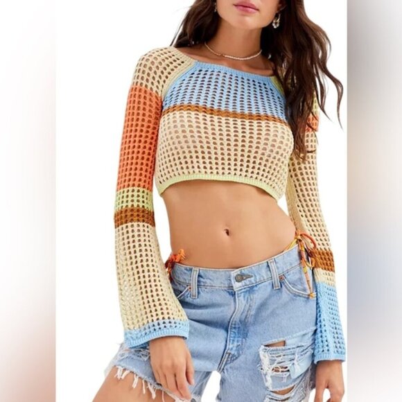 Urban Outfitters Tops - UO Mismatched Crochet Crop Top Y2K Bell Sleeve Knit XS Festival